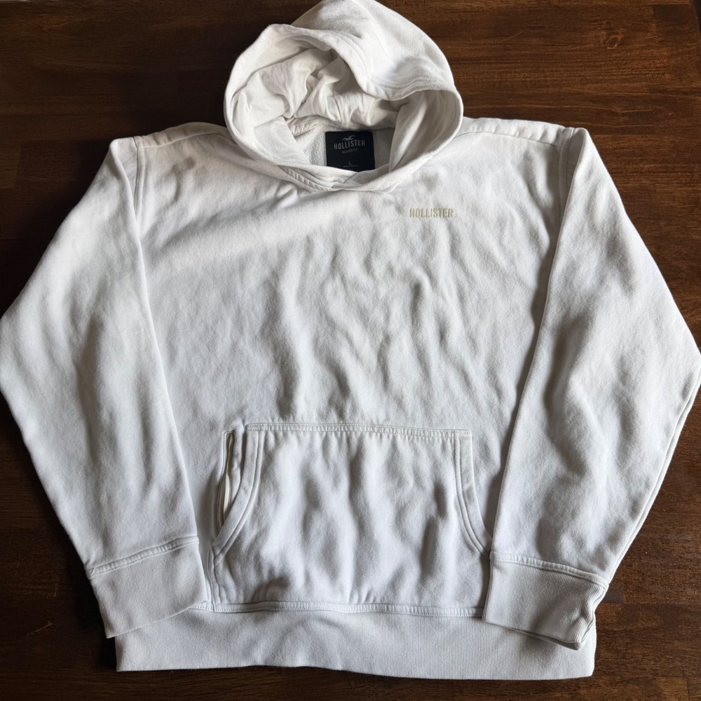Hollister Mens Relaxed Fit Hoodie White Fleece Pullover Sweatshirt Large Logo